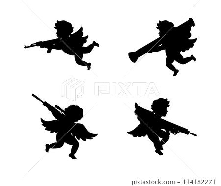 Cupids shooting a guns. Angels with guns. Angel with a wings. Cherubs silhouette. Vector illustration. Cupids shooting a guns. Angels with guns. Angel with a wings. Cherubs silhouette. Vector illustration. 114182271