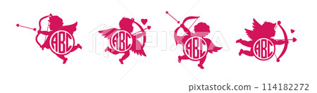 Cupids with monograms. Angel name monogram. Valentine's day. Cherubs silhouette. Cupid shooting arrow. Vector illustration. 114182272