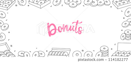 Donuts shop horizontal outline banner. Take away donuts. Glazed doughnuts with sprinkles. Bakery sweet pastry food. Vector illustration. 114182277