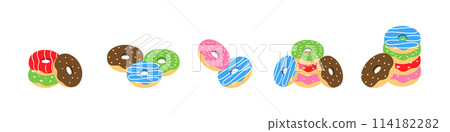 Glazed donut set. Take away donuts. Bakery sweet pastry food. Vector illustration. Glazed donut set. Take away donuts. Bakery sweet pastry food. Vector illustration. 114182282
