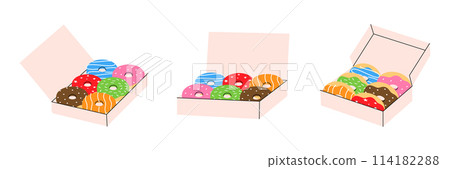 Box donuts. Bakery sweet pastry food. Vector illustration. 114182288