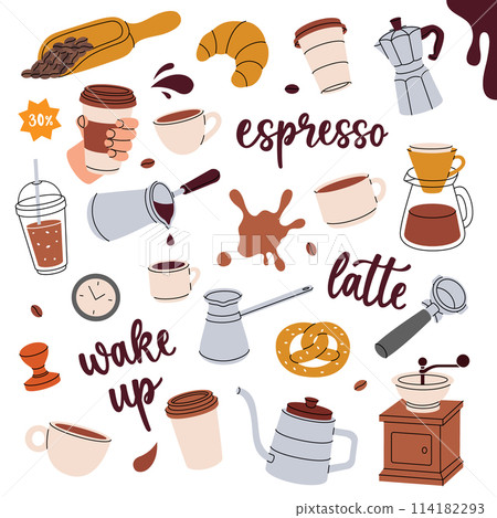 Coffee set. Cafe menu, coffee shop. Beans, drinks, cups, pot, package, grinder, filter, machine, portafilter, kettle. Vector illustration. 114182293
