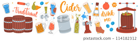 Fruit cider set. Hand drawn craft fruit beer collection. Harvest of pears, apples, plums, pomegranate. 114182312