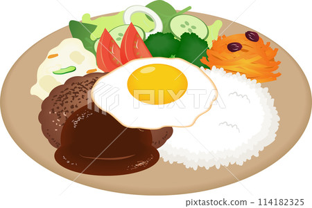 Fried egg and hamburger on a plate 114182325