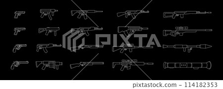 Various weapons. Military weapons silhouettes. Tactical assault rifles, smoothbore guns, AK 47, sniper rifles, anti-tank grenade launchers. 114182353
