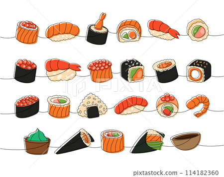 Seafood sushi rolls. Japanese traditional food one line drawing. Ikura sushi, tobiko maki, philadelphia roll, onigiri, shrimp nigiri, tekkamaki tuna 114182360