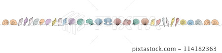 Tropical underwater shells continuous one line illustration. Sea shells, mollusks, scallop, pearls. Vector minimalist linear illustration. 114182363