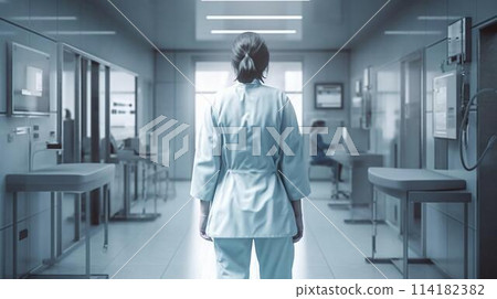 Doctor medical worker stands in the corridor in the hospital medical facility view from the back. AI generated 114182382