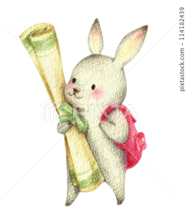 A rabbit going on a picnic with a picnic blanket - hand-drawn colored pencil drawing 114182439