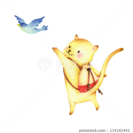 一隻貓追著一隻藍鳥，手繪色鉛筆畫 114182441