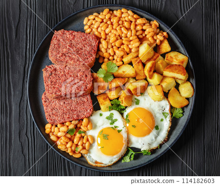 corned beef, baked beans, potatoes and fried eggs 114182603