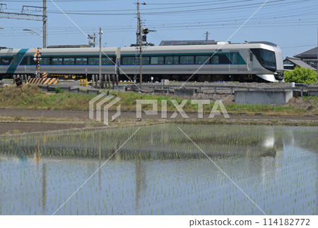 Tobu's Liberty express train reflected in rice paddy field Tobu's Liberty express train reflected in rice paddy field 114182772