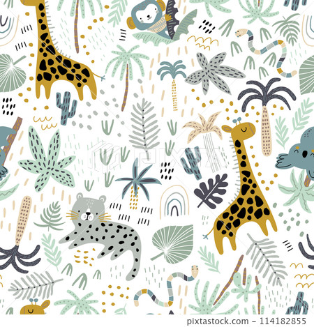 Seamless jungle pattern with cute hand drawn animals and tropical elements. Creative kids design for fabric, wrapping, textile, wallpaper, apparel. Vector illustration Seamless jungle pattern with cute hand drawn animals and tropical elements. Creative kids design for fabric, wrapping, textile, wallpaper, apparel. Vector illustration 114182855