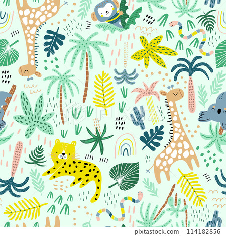 Seamless jungle pattern with cute hand drawn animals and tropical elements. Creative kids design for fabric, wrapping, textile, wallpaper, apparel. Vector illustration 114182856