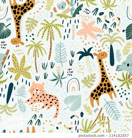 Seamless jungle pattern with cute hand drawn animals and tropical elements. Creative kids design for fabric, wrapping, textile, wallpaper, apparel. Vector illustration 114182857