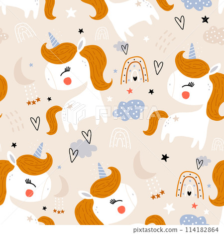 Seamless childish pattern with cute unicorns, rainbows, hearts. Creative kids hand drawn pink texture for fabric, wrapping, textile, wallpaper, apparel. Vector illustration 114182864