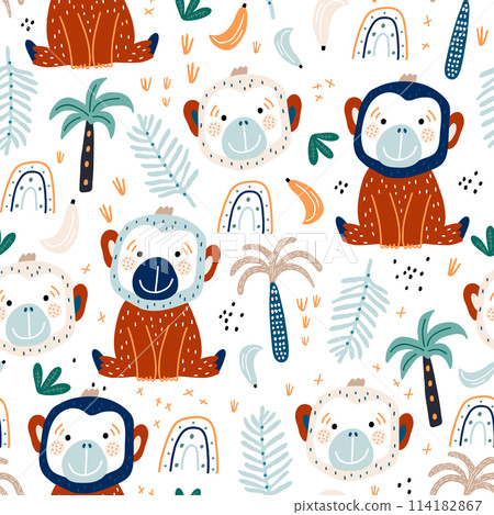 Seamless childish pattern with cute monkey. Creative jungle childish texture. Great for fabric, textile Vector Illustration 114182867