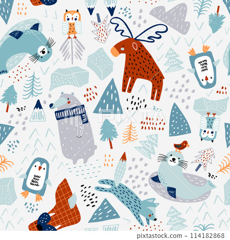 Childish seamless nordic pattern. Creative hand drawn north pole background. Vector background for fabric, textile, apparel, wallpaper. Childish seamless nordic pattern. Creative hand drawn north pole background. Vector background for fabric, textile, apparel, wallpaper. 114182868