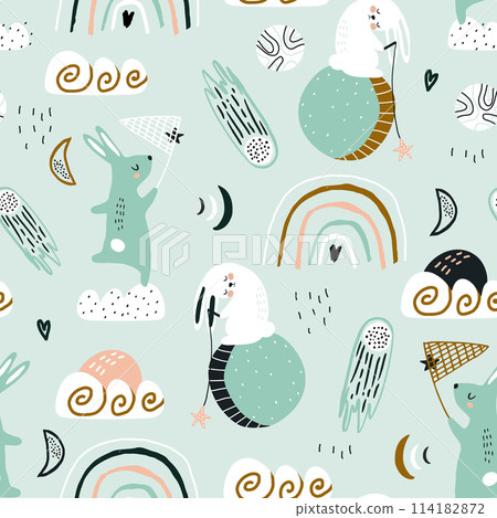 Seamless childish pattern with catching stars cute bunnies characters, planets, moon, stars. Vector illustration 114182872