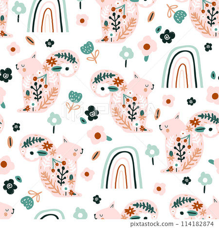 Seamless pattern with flowers, squirrels, rainbows. Creative blooming texture. Great for fabric, textile Vector Illustration 114182874