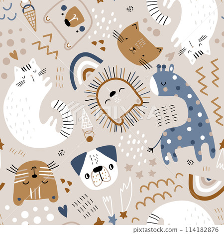 Seamless childish pattern with cute animals. Creative kids hand drawn texture for fabric, wrapping, textile, wallpaper, apparel. Vector illustration Seamless childish pattern with cute animals. Creative kids hand drawn texture for fabric, wrapping, textile, wallpaper, apparel. Vector illustration 114182876