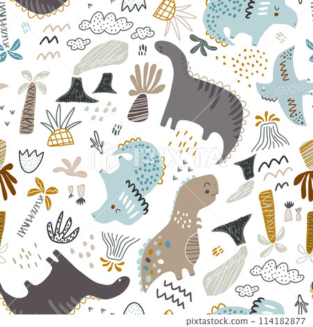 Childish seamless dino pattern. Creative hand drawn funny dinosaurs background. Vector background for fabric, textile, apparel, wallpaper. 114182877