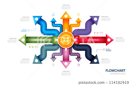 Infographic arrow flow chart diagram template for business. 8 options, digital marketing data, presentation vector infograp. 114182919