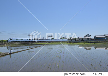 Tobu Express SPACIA X runs through a rural area where rice planting has finished. 114182930