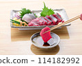 將小鬚鯨紅肉和真皮刺身沾上醬油。 114182992