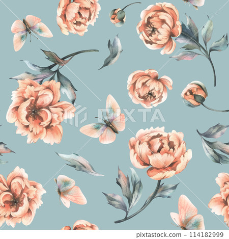 Peony flowers with buds and leaves with flying butterflies in pastel peach fuzz color. Hand drawn botanical watercolor illustration. Romantic, cute, beautiful, seamless pattern, repeating ornament. Peony flowers with buds and leaves with flying butterflies in pastel peach fuzz color. Hand drawn botanical watercolor illustration. Romantic, cute, beautiful, seamless pattern, repeating ornament. 114182999
