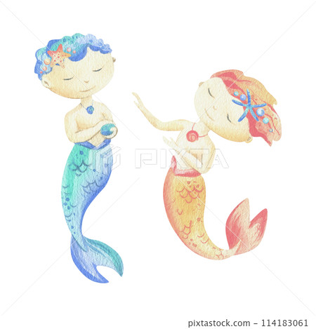 Mermaids is a little boys with tails. Watercolor illustration hand drawn with pastel colors turquoise, blue, coral, pink. Set of elements isolated from background 114183061