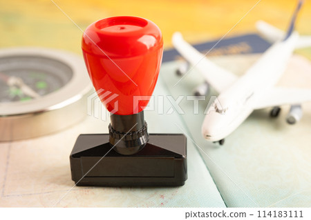 Approved Stamp visa and passport document to immigration at airport in country. 114183111