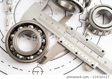 Engineering tools and mechanical industrial with vernier caliper and metal ball bering. 114183117