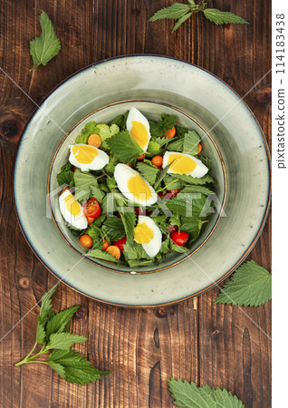 Salad with stinging nettle leaves and egg. Salad with stinging nettle leaves and egg. 114183438