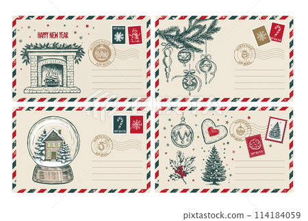 Christmas mail, postcard, hand drawn illustration. Christmas mail, postcard, hand drawn illustration. 114184059