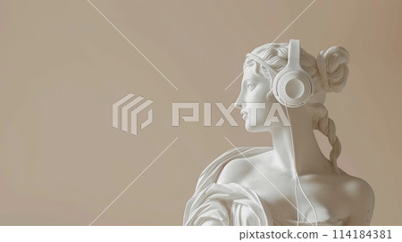 White statue wearing headphones listening to music, pastel background with copy space White statue wearing headphones listening to music, pastel background with copy space 114184381
