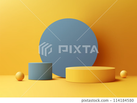 3D blue and yellow cylinder podium with circle and balls elements on yellow background, modern concept, product display, mockup, showroom, showcase 3D blue and yellow cylinder podium with circle and balls elements on yellow background, modern concept, product display, mockup, showroom, showcase 114184580