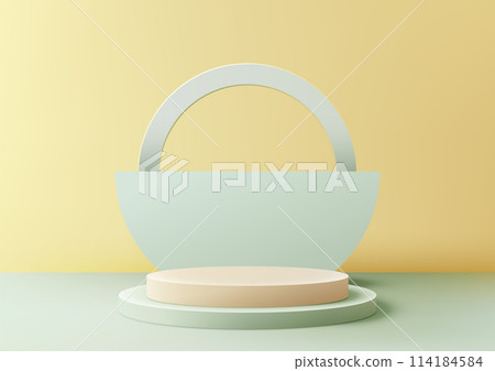 3D green and yellow podium with geometric circle backdrop on light yellow background, modern concept, product display, mockup, showroom, showcase 3D green and yellow podium with geometric circle backdrop on light yellow background, modern concept, product display, mockup, showroom, showcase 114184584