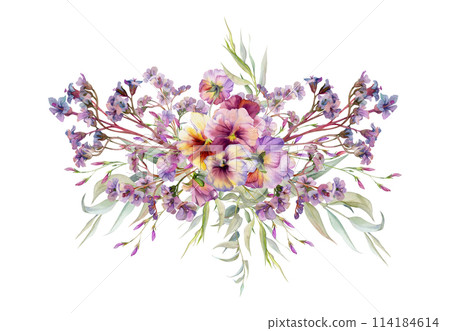 Hand drawn watercolor illustration botanical flowers leaves. Mauve pansy viola, willow eucalyptus, bergenia heliotrope lungwort, pink lobelia jasmine. Bouquet isolated on white. Design wedding, cards Hand drawn watercolor illustration botanical flowers leaves. Mauve pansy viola, willow eucalyptus, bergenia heliotrope lungwort, pink lobelia jasmine. Bouquet isolated on white. Design wedding, cards 114184614