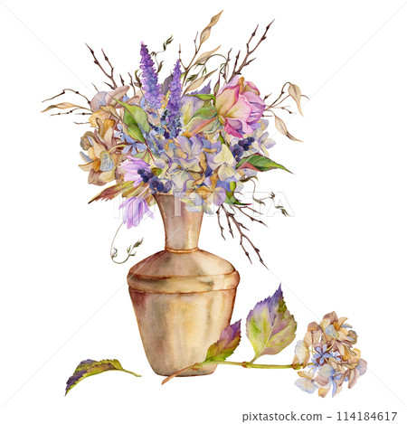 Hand drawn watercolor illustration shabby boho botanical flowers leaves. Rose ivy hydrangea veronica lunaria in copper pottery vase. Bouquet isolated on white background. Design wedding, love cards 114184617