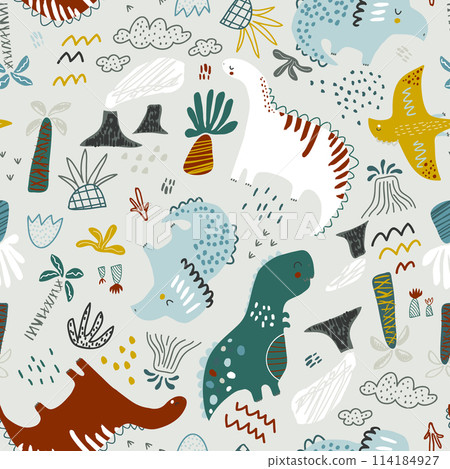 Childish seamless dino pattern. Creative hand drawn funny dinosaurs background. Vector background for fabric, textile, apparel, wallpaper. 114184927