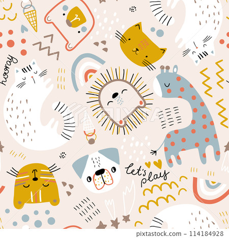 Seamless childish pattern with cute animals. Creative kids hand drawn texture for fabric, wrapping, textile, wallpaper, apparel. Vector illustration Seamless childish pattern with cute animals. Creative kids hand drawn texture for fabric, wrapping, textile, wallpaper, apparel. Vector illustration 114184928