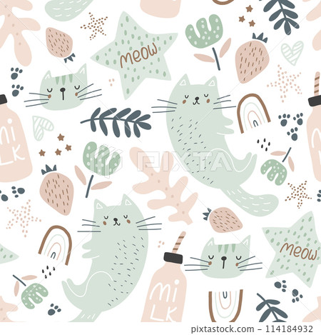 Seamless childish pattern with cute hand drawn cats. Creative kids hand drawn texture for fabric, wrapping, textile, wallpaper, apparel. Vector illustration Seamless childish pattern with cute hand drawn cats. Creative kids hand drawn texture for fabric, wrapping, textile, wallpaper, apparel. Vector illustration 114184932