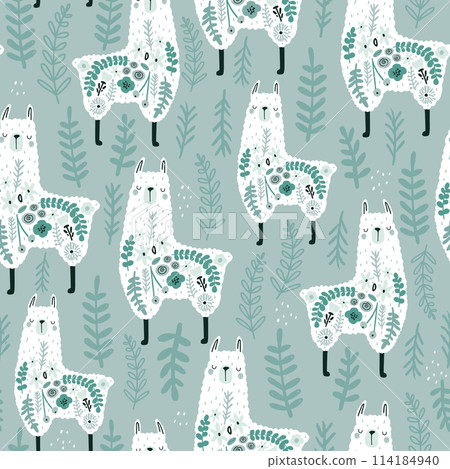 Seamless pattern with cute floral llamas. Creative blooming mint texture. Great for fabric, textile Vector Illustration 114184940