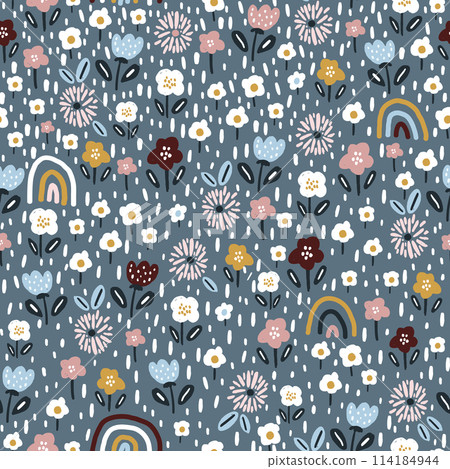 Seamless pattern with floral rainbows and hand drawn flowers. Creative floristic texture. Great for fabric, textile Vector Illustration 114184944