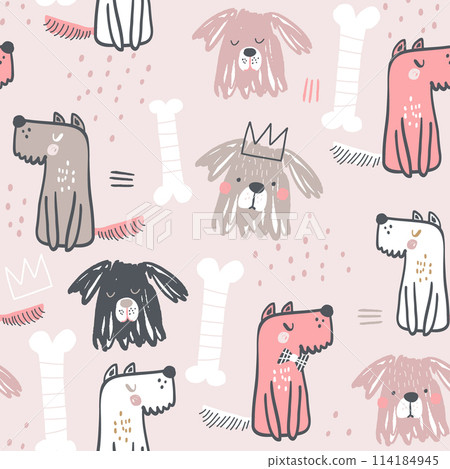 Seamless childish pattern with creative cute dogs girl. Trendy kids forest .Perfect for fabric,textile. Vector background 114184945
