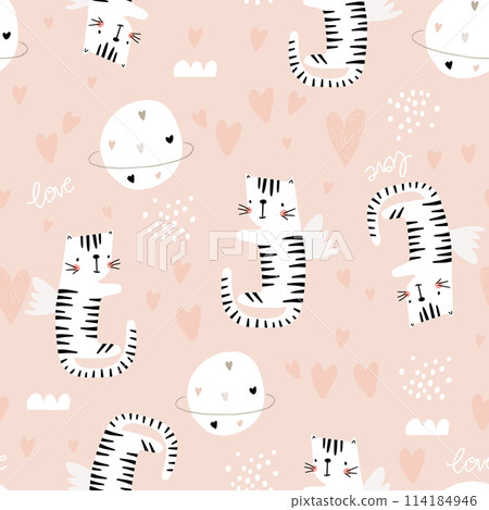 Childish seamless pattern with cute flying tigers. Modern kids texture with hearts, planets, moon, stars. Perfect for kids products, textile, apparel. 114184946