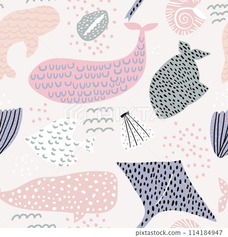 Seamless marine pattern with abstract fish, whale, seashells. Creative texture for fabric, wrapping, textile, wallpaper, apparel. Vector illustration 114184947