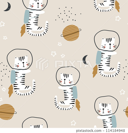 Childish seamless pattern with flying tigers. Modern kids texture with. Perfect for kids products, textile, apparel. Childish seamless pattern with flying tigers. Modern kids texture with. Perfect for kids products, textile, apparel. 114184948