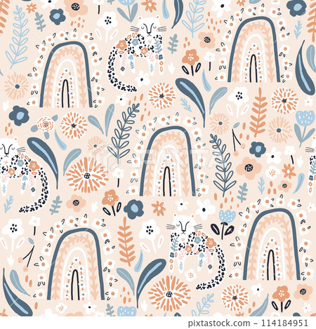 Seamless pattern with floral rainbows and cute cheetah. Creative blooming texture. Great for fabric, textile Vector Illustration Seamless pattern with floral rainbows and cute cheetah. Creative blooming texture. Great for fabric, textile Vector Illustration 114184951
